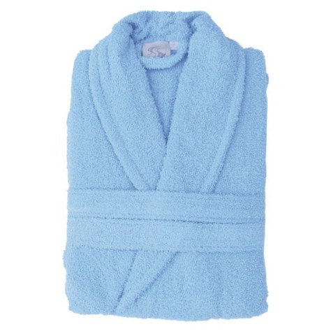 Albornoz de rizo de algodón, suave, resistente y absorbente en color azul celeste.