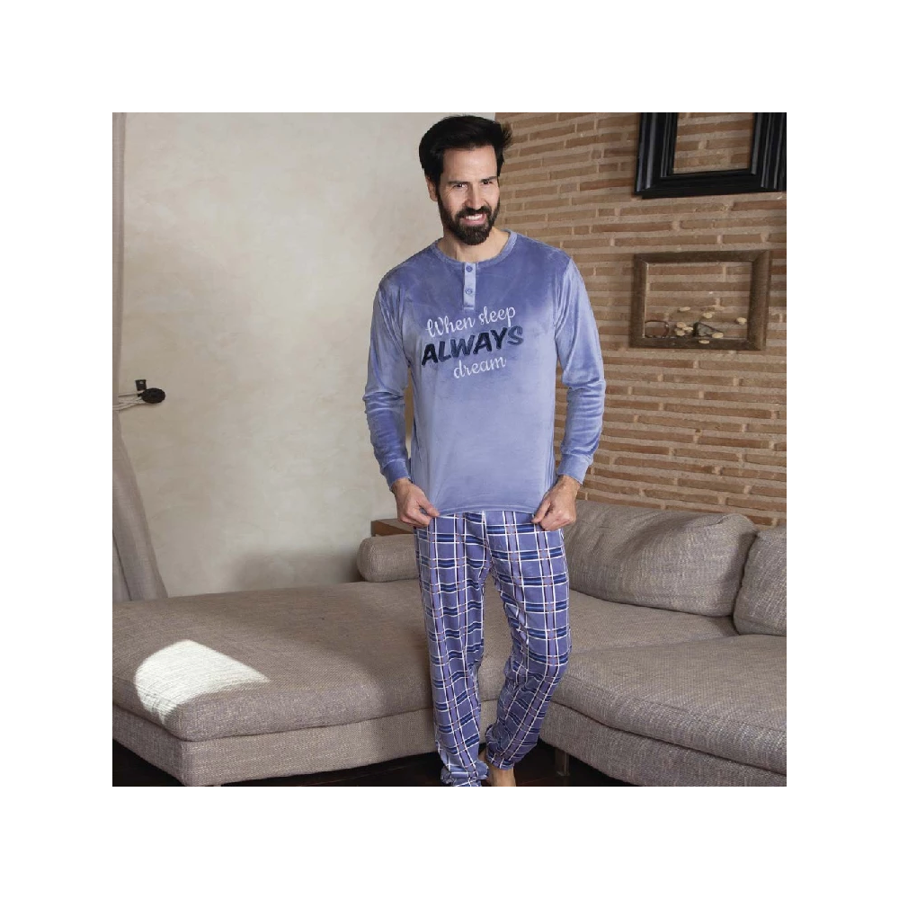 Pijama de hombre modelo Jack tejido velvet 100% poliéster con pantalón de cuadros.
