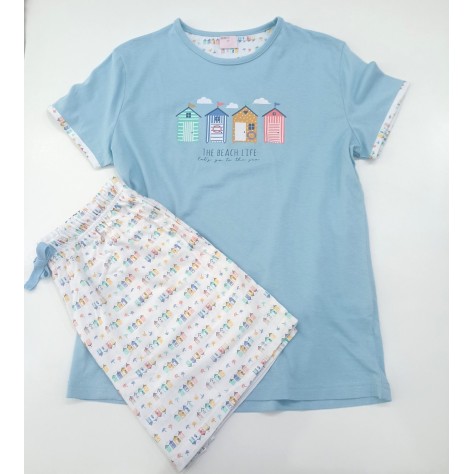 pijama de mujer de manga corta y camiseta azul y pantalón corto con estampado playero