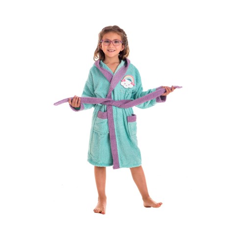 Albornoz Infantil 100% Algodón - Modelo Happy Agua (Turquesa/Violeta)