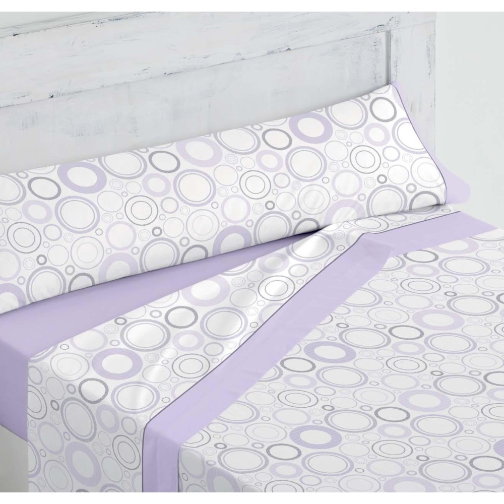 Juego de Sábanas "Lea" lila 50% Algodón – 50% Poliéster | 144 Hilos | Diseño Moderno con Estampado de Círculos en Lila y Gris
