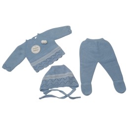 Conjunto de punto para bebé azul con gorro, jersey de pompones y polaina
