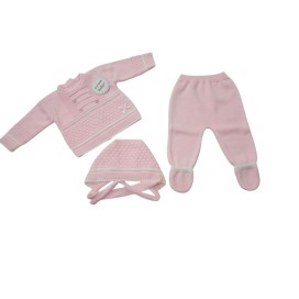 Conjunto de punto para bebé rosa con gorro, jersey y polaina