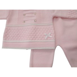 Conjunto de punto para bebé rosa con gorro, jersey y polaina