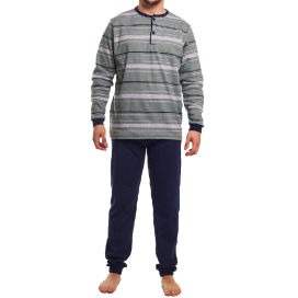 Pijama Largo de Hombre Algodón – Camiseta de Rayas y Pantalón Azul Marino