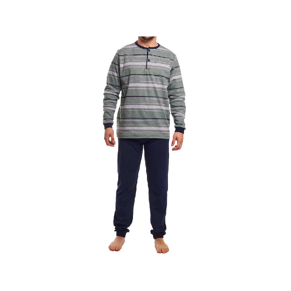 Pijama Largo de Hombre Algodón – Camiseta de Rayas y Pantalón Azul Marino
