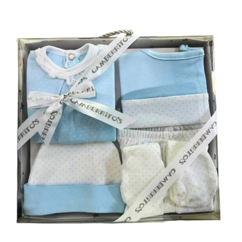 Conjunto de Primera Puesta 4 Piezas puntilla Azul – 100% Algodón | Especial Recién Nacido