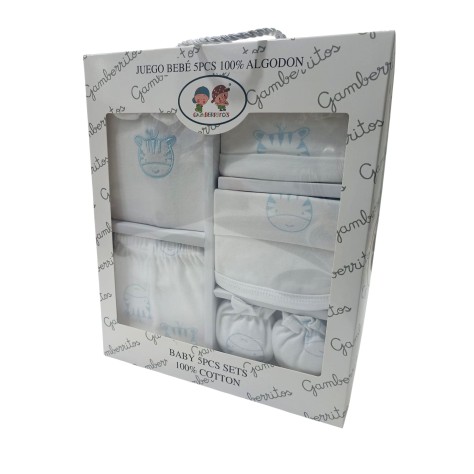 Conjunto de Regalo 5 Piezas Azul 100% Algodón para Recién Nacido | Primera Puesta para Bebé Niño