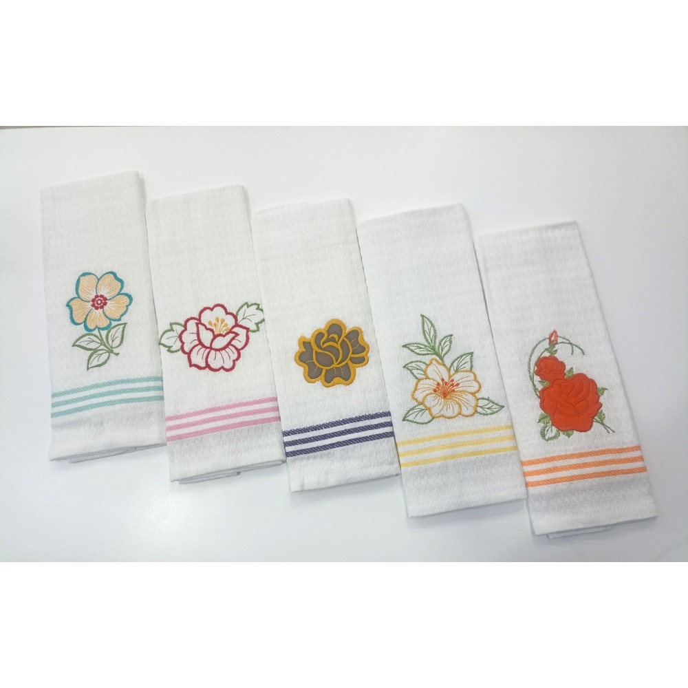 Paños de Cocina con Bordado Floral - 100% Algodón Diseño Nido de Abeja (50x60 cm)