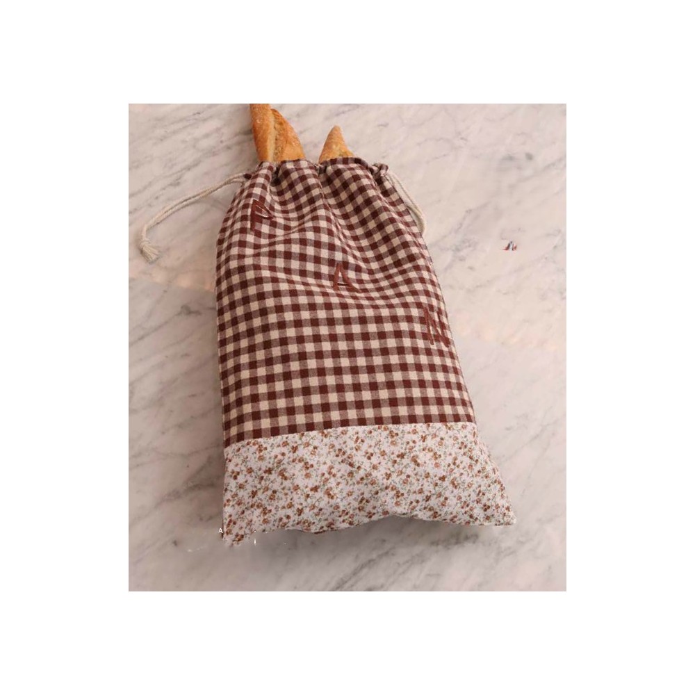 Bolsa de Pan de Tela marrón - Diseño Vichy y Floral (35x55 cm)