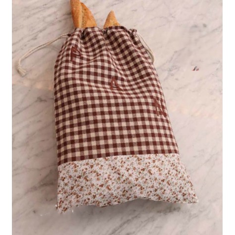Bolsa de Pan de Tela marrón - Diseño Vichy y Floral (35x55 cm)