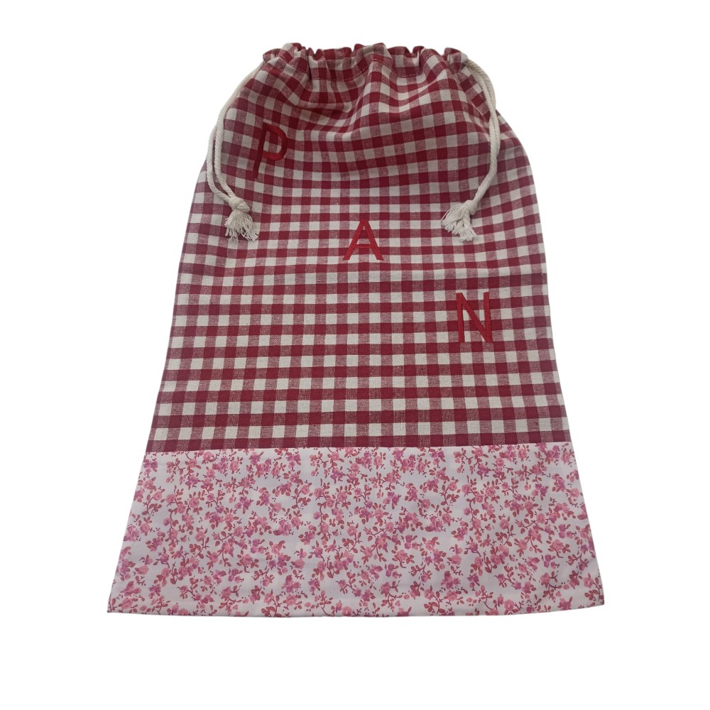 Bolsa de Pan de Tela - Diseño Vichy Rojo y Flores Granate (35x55 cm)