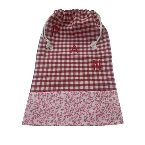 Bolsa de Pan de Tela - Diseño Vichy Rojo y Flores Granate (35x55 cm)