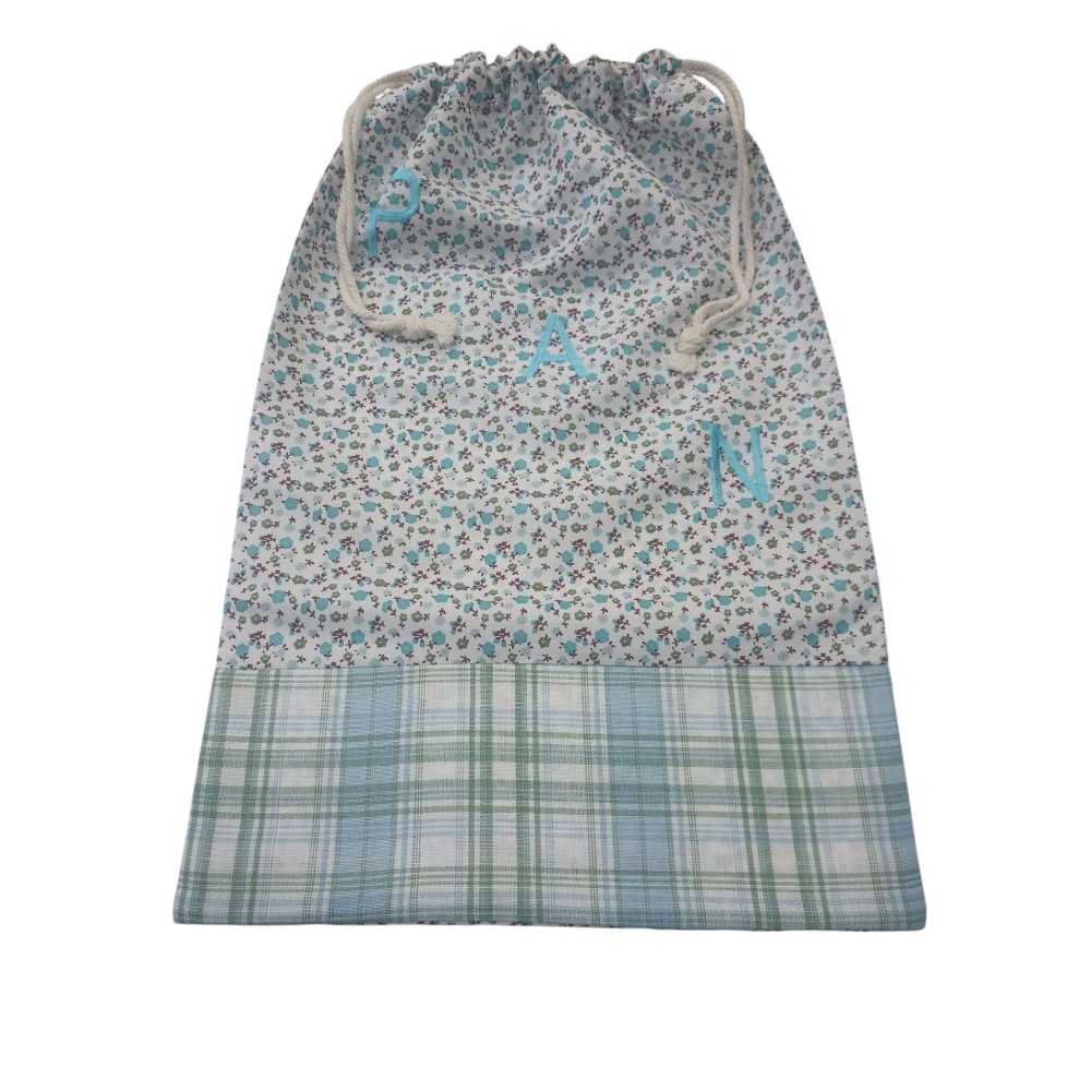 Bolsa de Pan de Tela verde- Diseño Floral Azul y Cuadros Pastel (35x55 cm)