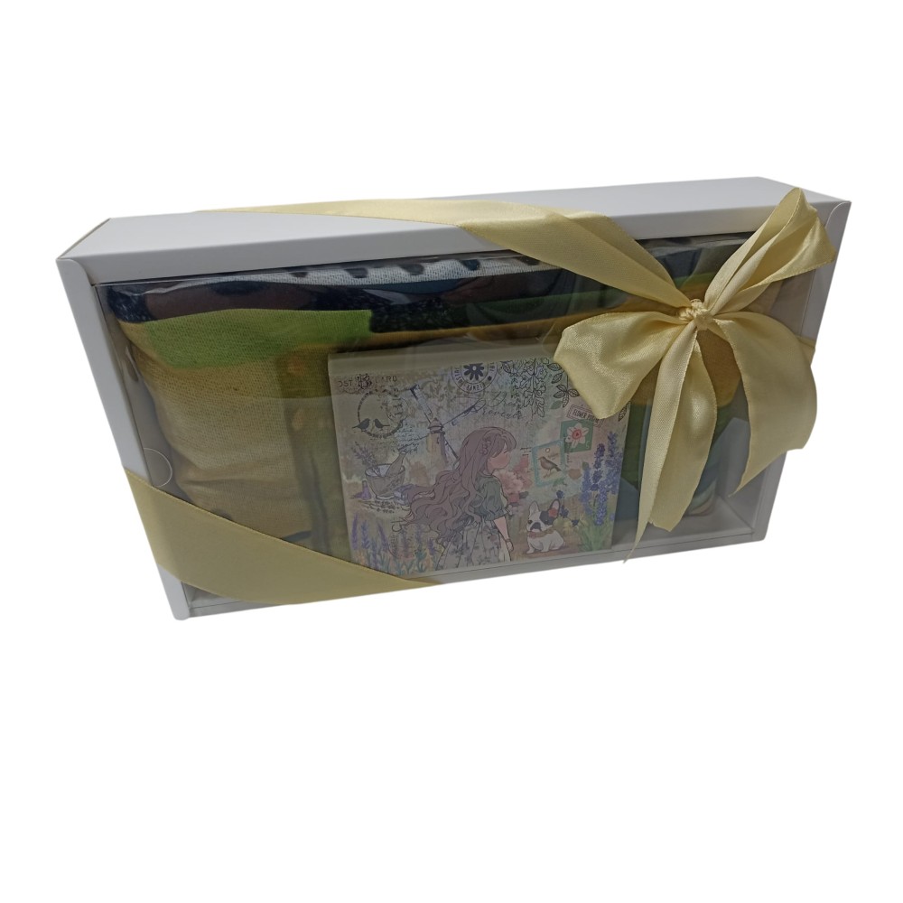 Caja de regalo con pashmina ilustrada y cartera monedero verde
