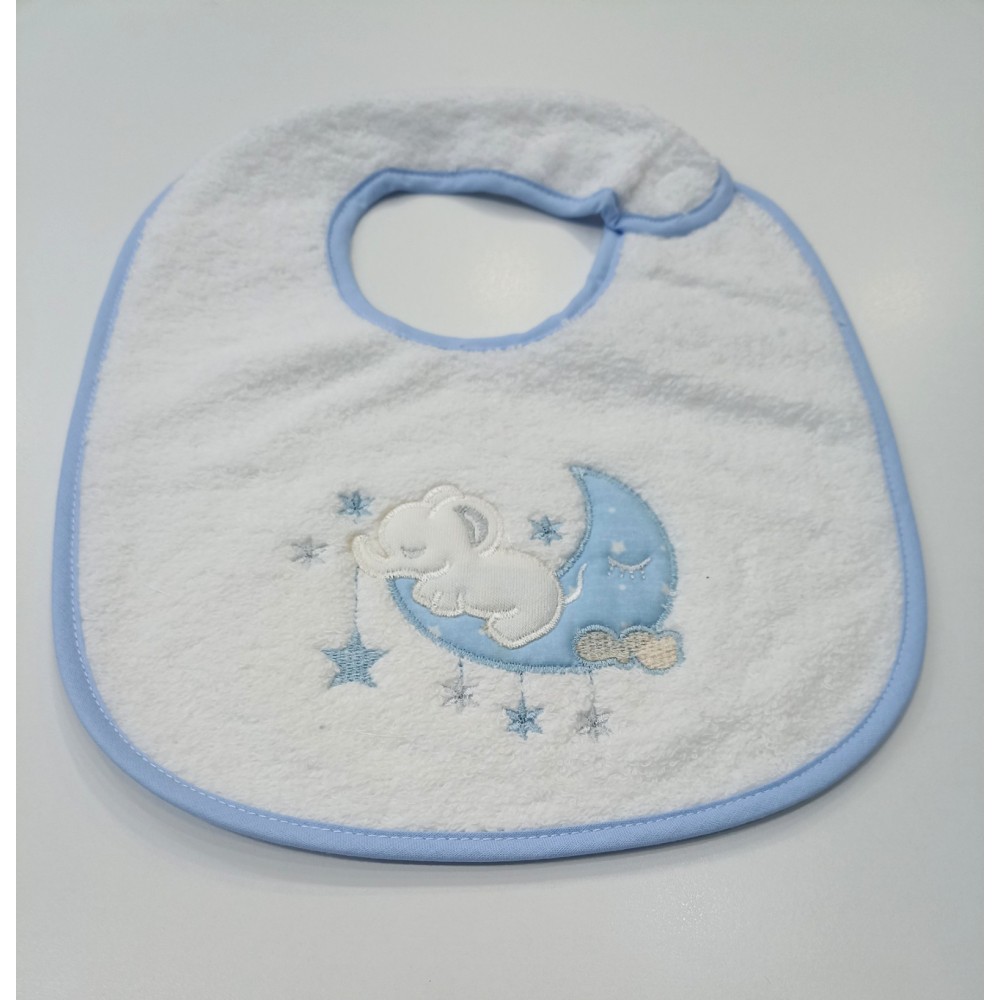 Babero de Rizo Bebé 100% Algodón con Interior Plastificado | Blanco con Detalles en Azul