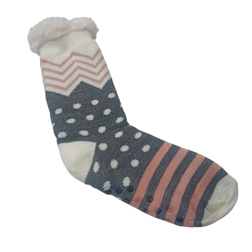 Calcetines antideslizantes con diseño de zigzag, rayas y puntos en color gris y rosa con forro blanco.