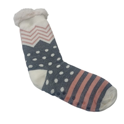 Calcetines antideslizantes con diseño de zigzag, rayas y puntos en color gris y rosa con forro blanco.