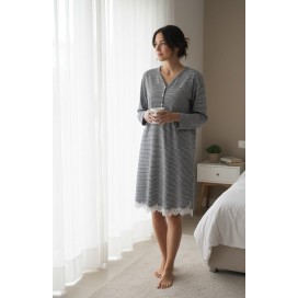 Camisón de Mujer 100% Algodón de Rayas negro y gris - Manga Larga con Encaje y Botones