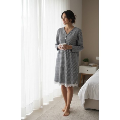 Camisón de Mujer 100% Algodón de Rayas negro y gris - Manga Larga con Encaje y Botones