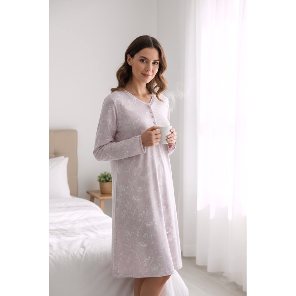 Camisón de Mujer Manga Larga – Estampado Floral Suave color malva