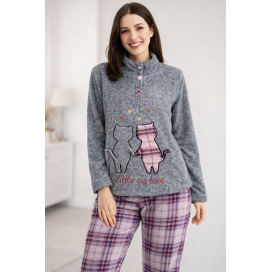 Pijama de Coralina de Mujer Gris con Estampado de Gatos y Pantalón de Cuadros