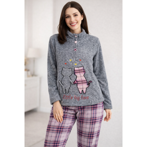 Pijama de Coralina de Mujer Gris con Estampado de Gatos y Pantalón de Cuadros