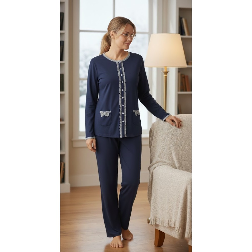 Pijama mujer largo con camiseta de botones marino