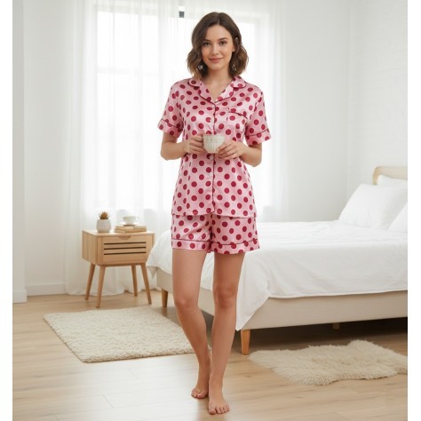 Pijama de Mujer Satinado Rosa con Lunares Fucsia – Conjunto de Camisa y Shorts