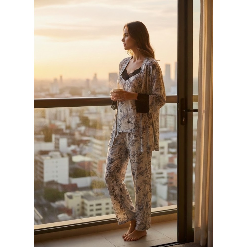 Pijama de Tres Piezas para Mujer – Satén con Encaje y Estampado Floral