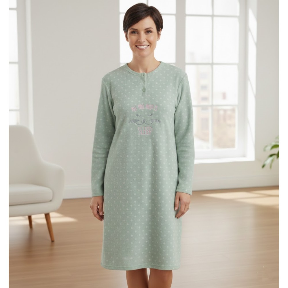 camisón polar verde menta de manga larga y estampado de gato