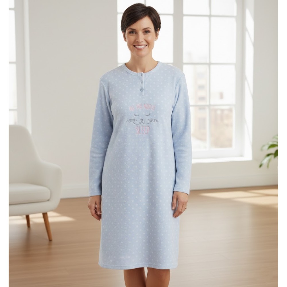 Camisón Polar Soft para Mujer azul - Calidez y Confort con Diseño de Gatito