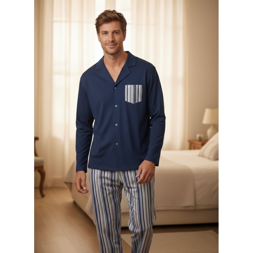 Pijama de Hombre de Dos Piezas – Azul Marino con Pantalón a Rayas – Mezcla Algodón Premium