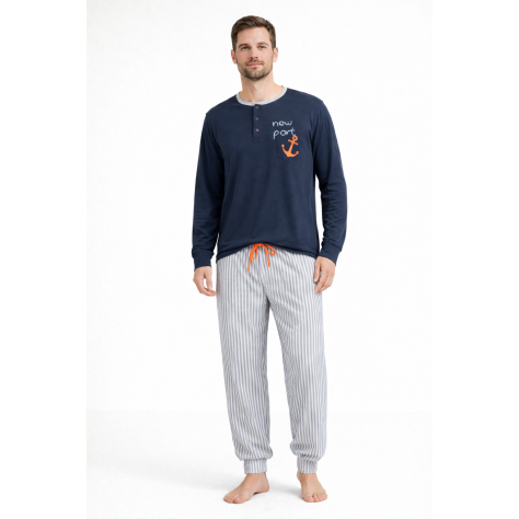 Pijama de hombre "new port" azul marino con pantalón de rayas