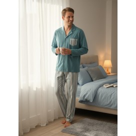 Pijama de Hombre camisero verde – Conjunto Dos Piezas de Algodón – Pantalón a Rayas