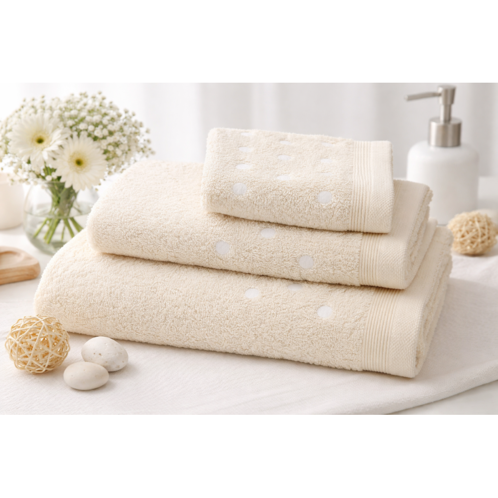 Juego de Toallas Lunares Color Crudo – Elegancia Natural y Suavidad Total