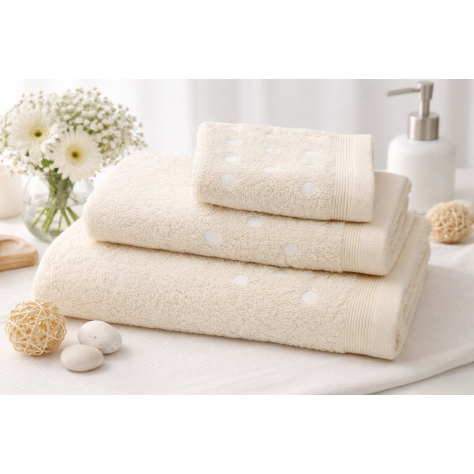 Juego de Toallas Lunares Color Crudo – Elegancia Natural y Suavidad Total
