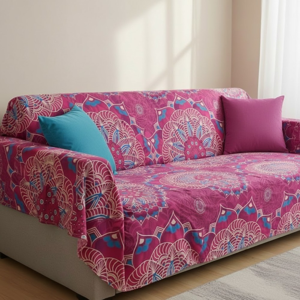 Colcha Multiusos Mandala Fucsia – 100% Algodón (190x280 cm) extendida sobre un sofa