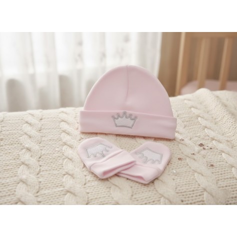 Conjunto gorro y manoplas recién nacido rosa