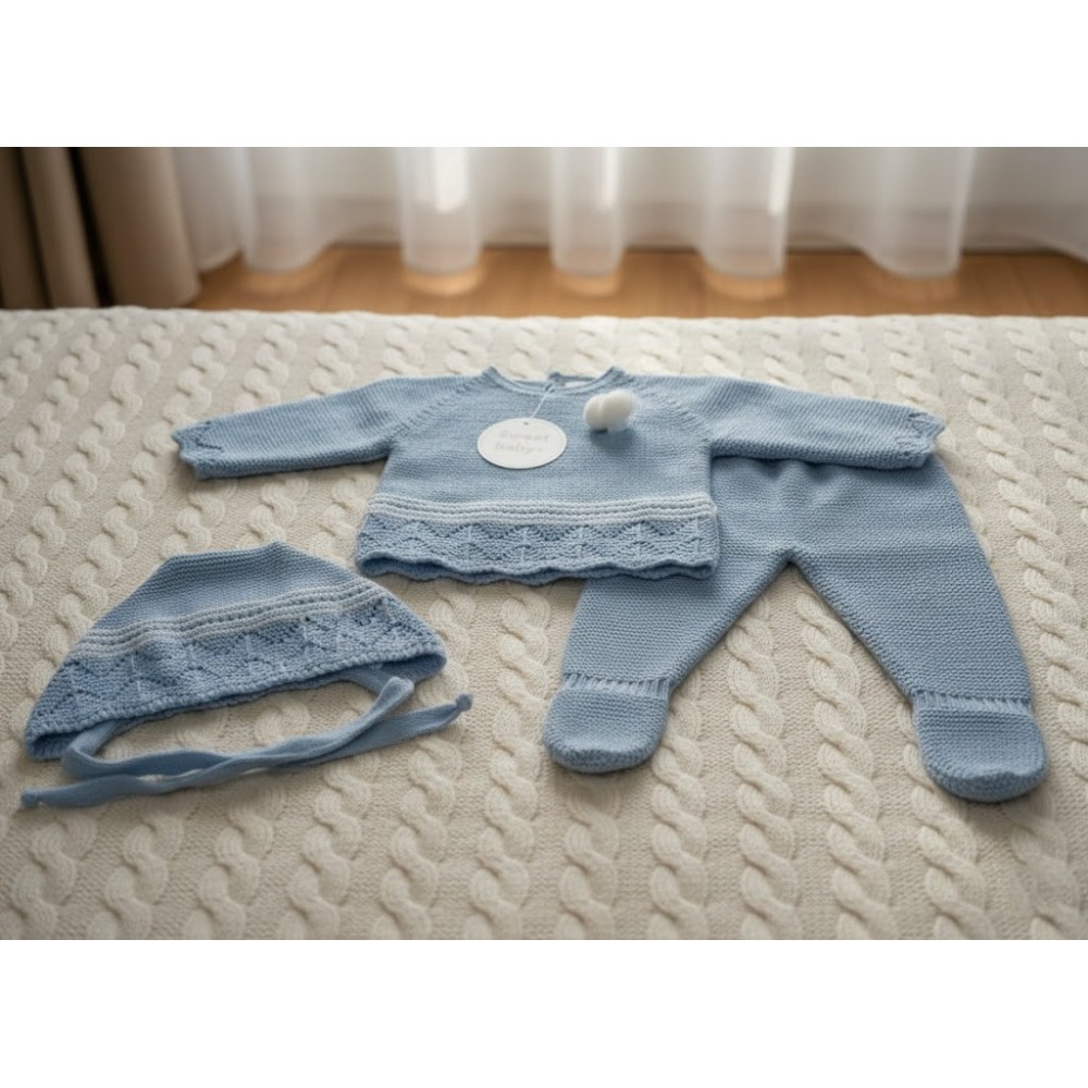Conjunto de punto para bebé azul con gorro, jersey de pompones y polaina