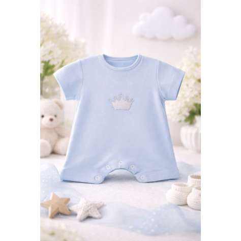 Pelele corto Bebé Azul con Bordado de Corona - Dulzura y Comodidad para tu Pequeño Rey