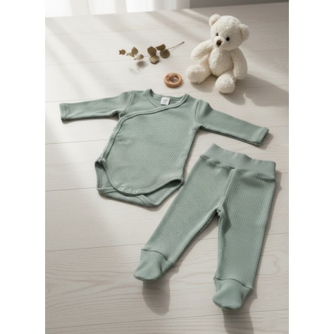 Conjunto de bebé unisex verde – Body cruzado + polaina con pies