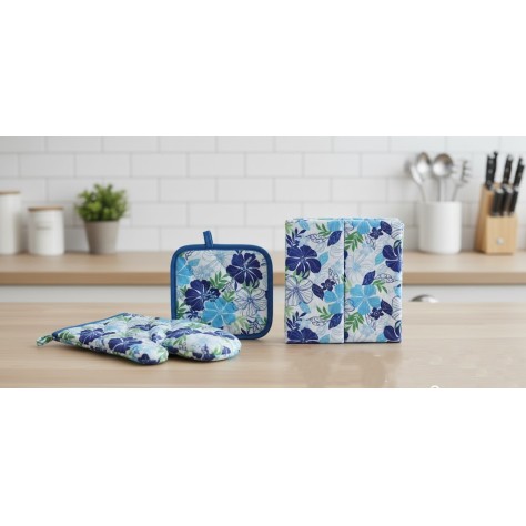 Set de Cocina: Manopla, Agarrador y 2 Paños de Microfibra - Diseño Floral Blue
