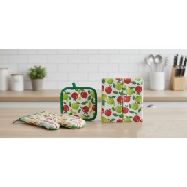 Set Textil de Cocina 4 Piezas - Manopla, Agarrador y 2 Paños de Microfibra - Diseño Manzanas