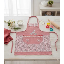 Delantal de Cocina Rojo con Bordado Floral y Bolsillos Decorativos