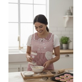 mujer con el delantal puesto en una cocina