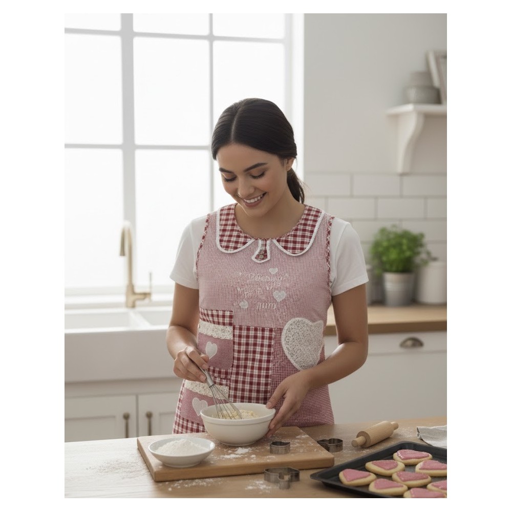 mujer con el delantal puesto en una cocina
