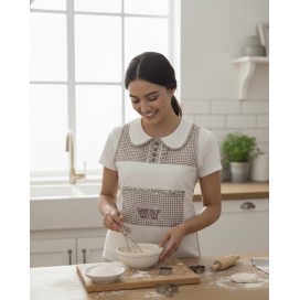 mujer con el delantal puesto en una cocina cocinando