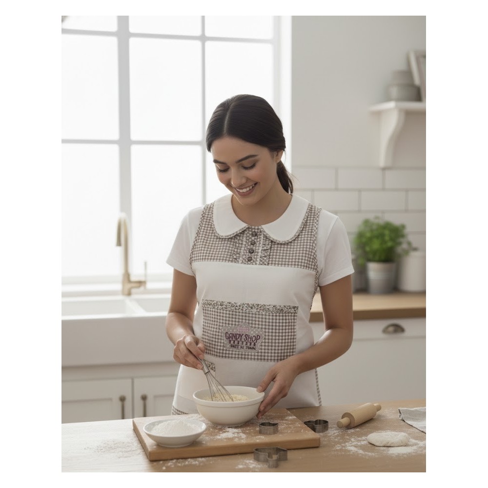 mujer con el delantal puesto en una cocina cocinando