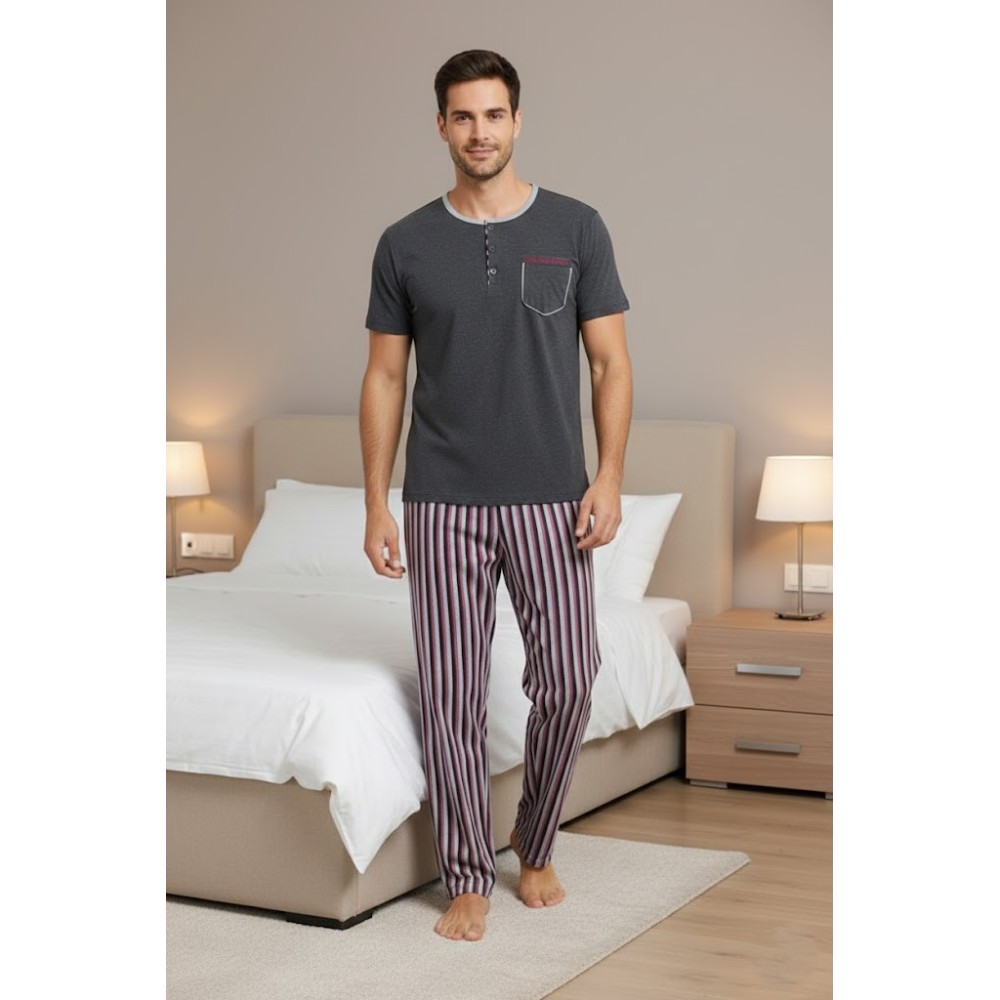 Pijama Largo Hombre de Algodón – Estilo Urban Stripes (Gris y Granate)